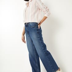 women washed wide leg jeans